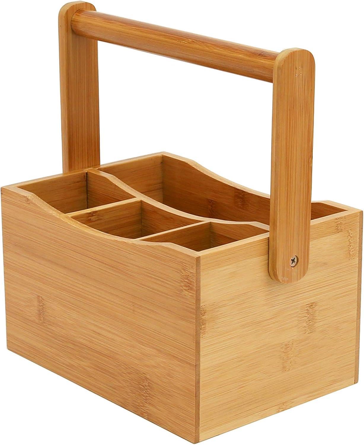Mantraraj Bamboo Utensil Cutlery Holder Kitchen Storage 4 Compartments For Cutlery & Condiments Drop-Down Handle from B&Q
