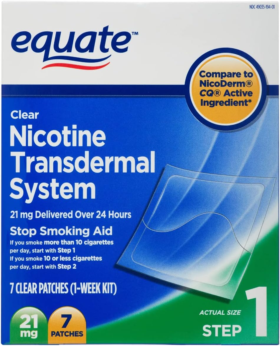Equate Nicotine Transdermal System Clear Patches, 21 mg Step 1 Kit Stop Smoking