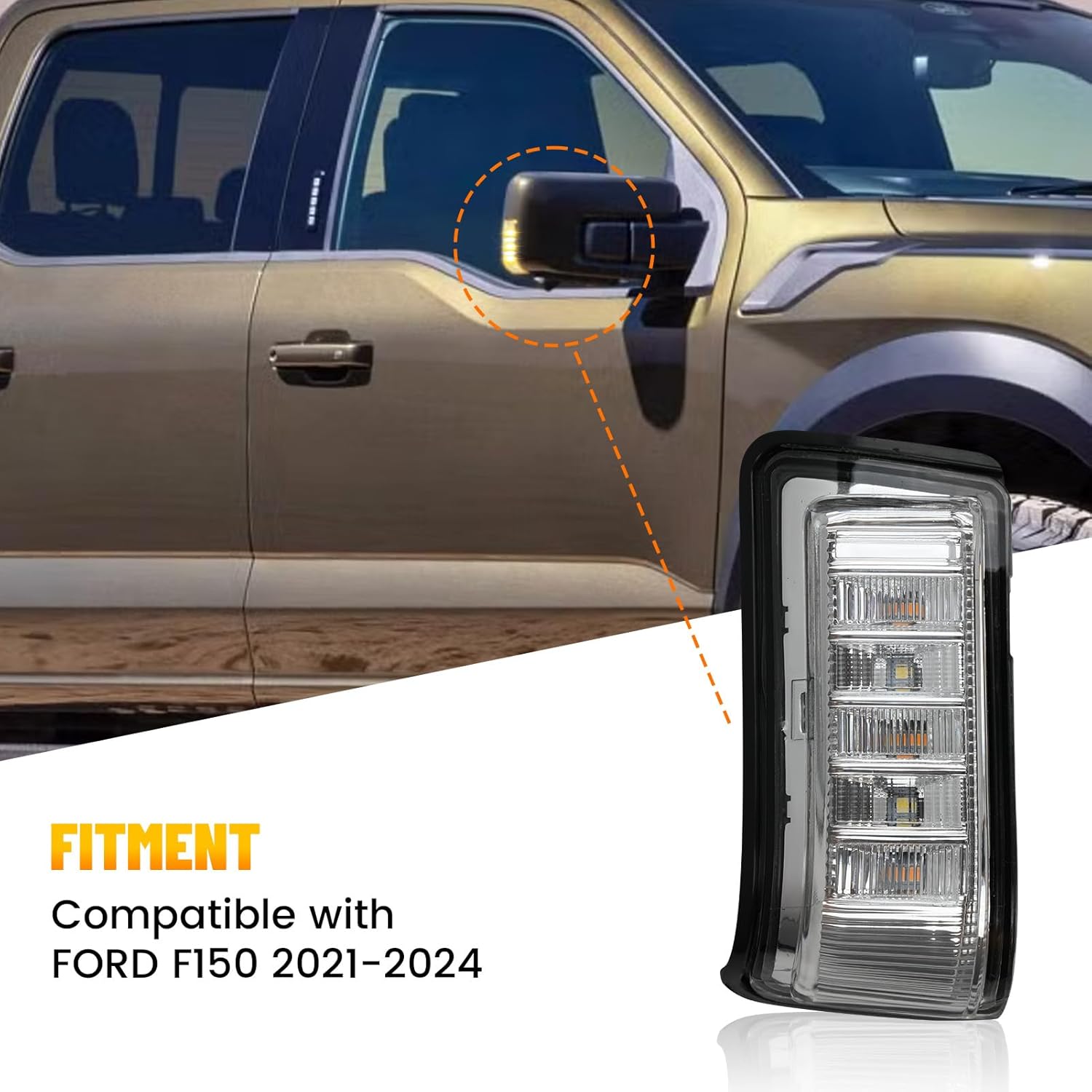 LED Turn Signal Light Left and Right for Ford F150 2021–2024, Pair Door Mirror Turn Signal Lamp Assembly, Waterproof, Plug and Play, OE Style Replacement