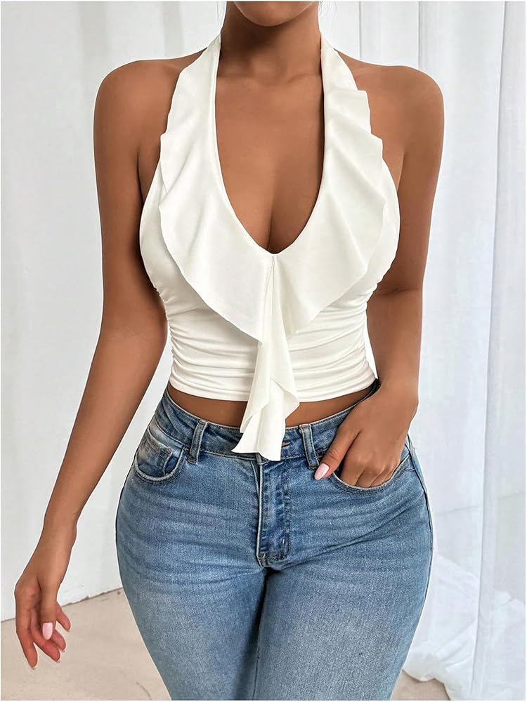 SOLY HUX Women's Ruffle Trim Halter Tops Ruched V Neck Sleeveless