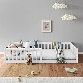 IDIMEX Cama Montessoriana Infantil Branco de Madeira Gustavo Grades de Proteção Lateral padrão Solteiro 88x188 com estrado reforçada