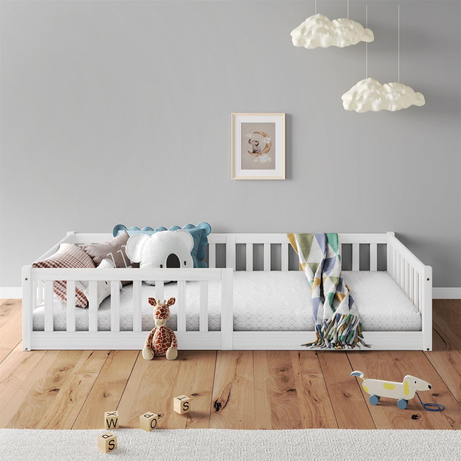 IDIMEX Lit Enfant Gustavo lit au Sol 90x190 cm d'inspiration Montessori, avec barrières de Protection, en pin Massif lasuré Blanc
