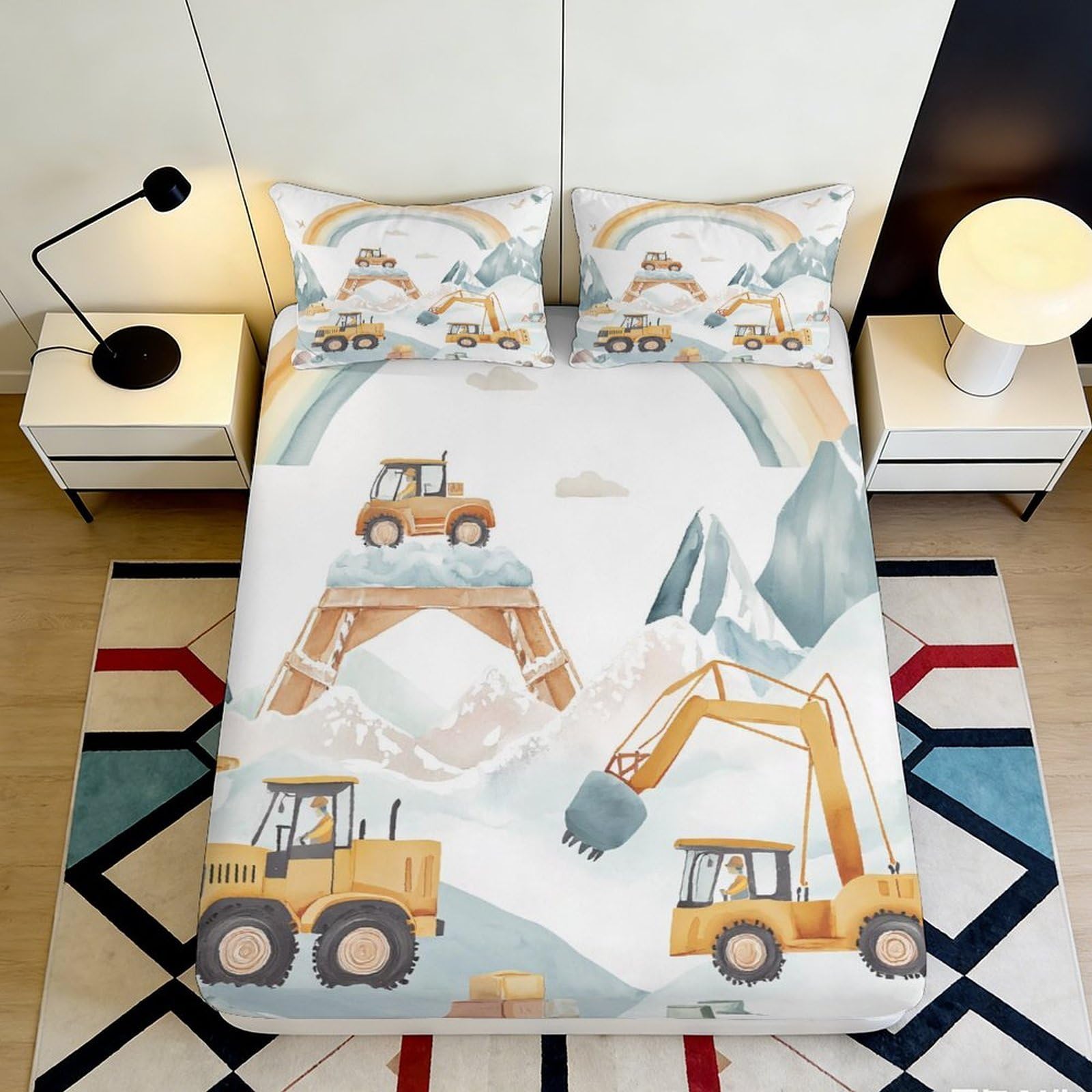 3D Printed Construction Vehicles Fitted Sheet Microfiber Soft Bedroom Decor Excavator Bed Cover for Home Dorm 90x200x25cm
