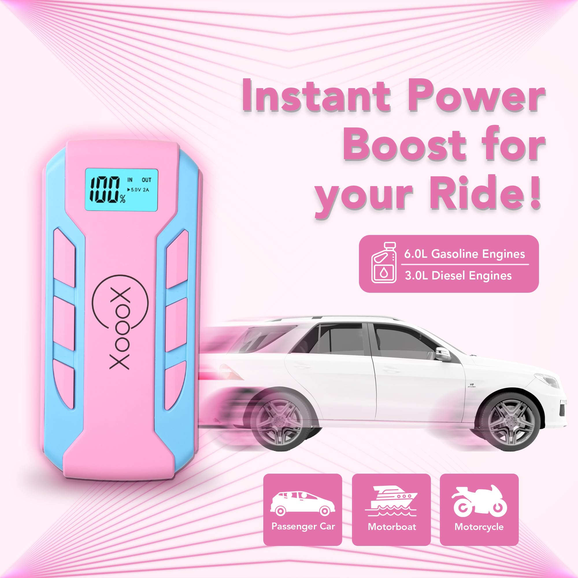 XoooX Kit di avviamento per batteria portatile per auto, con cavi di avviamento, luce LED e custodia; batteria di avviamento da 12 V; caricabatterie portatile per dispositivi USB/USB-C