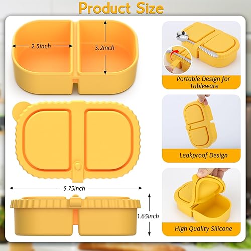 Miniatura 3 de Paquete de 4 recipientes de silicona para aperitivos con tapas, recipientes de doble compartimento para salsa, caja de almacenamiento de alimentos