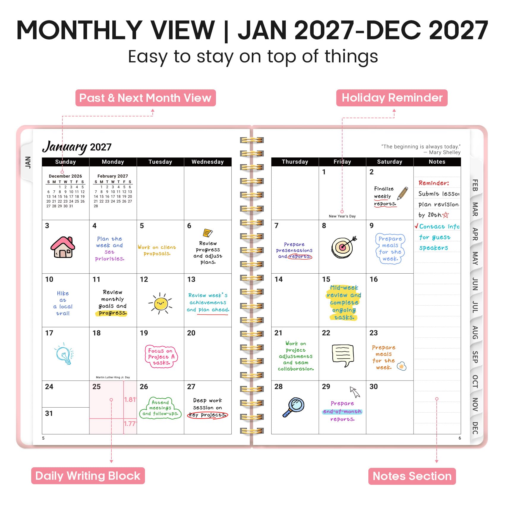 Agenda 2027 de 8.5 x 11 pulgadas, calendario semanal y mensual, enero de 2027 a diciembre de 2027, agenda en espiral de tapa dura con pestañas mensuales, páginas de notas, perfecto para mujeres y