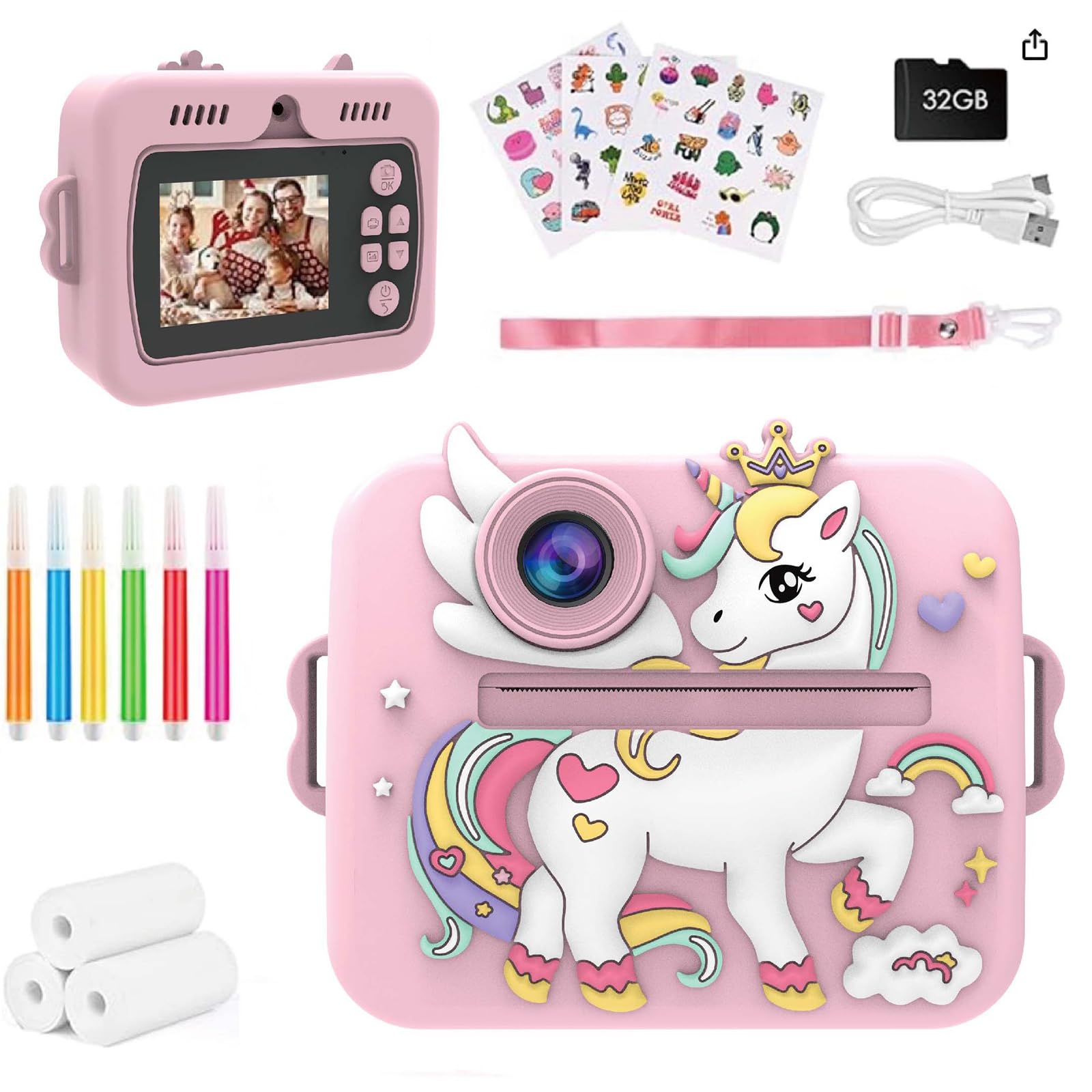 Balakaka Camara Fotos Infantil Instantanea con Filtros Creativos, HD 1080P Cámara Fotos Infantil con Tarjeta de 32G y Papel de Impresión, Regalo para Niños de 3 a 12 Años, Unicornio Rosa