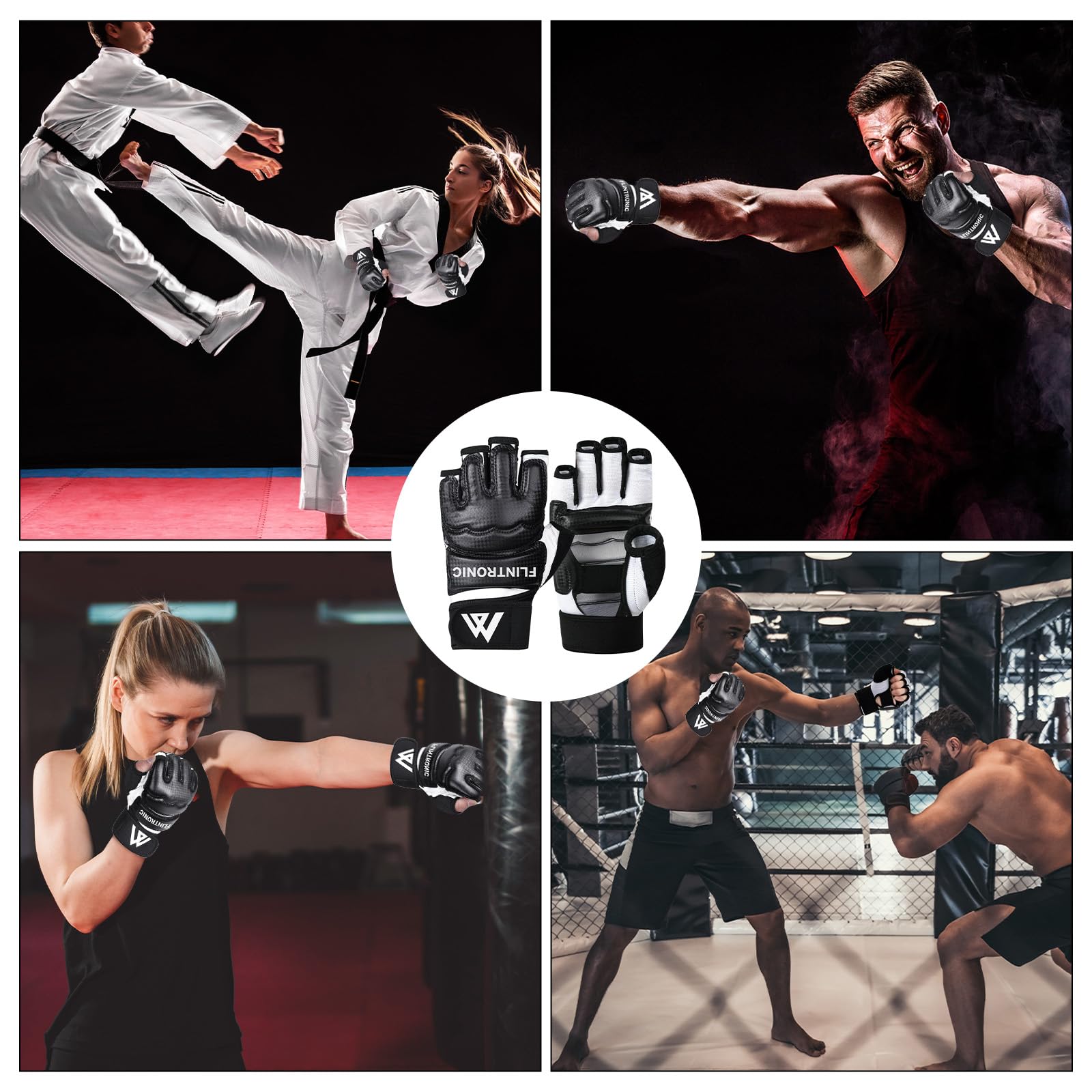 Flintronic Guantes MMA Entrenamiento Cuero Grappling Ventilada Palma para Muay Thai Kick Boxing