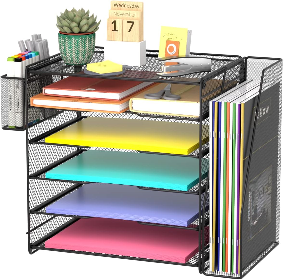– samstar Desk Organiser with File Holder, Desk Tidy Organiser Paper Letter Tray with 5 Tier Racks Shelves,with Extra Magazine Holder and Pen Holders for Office Supplies