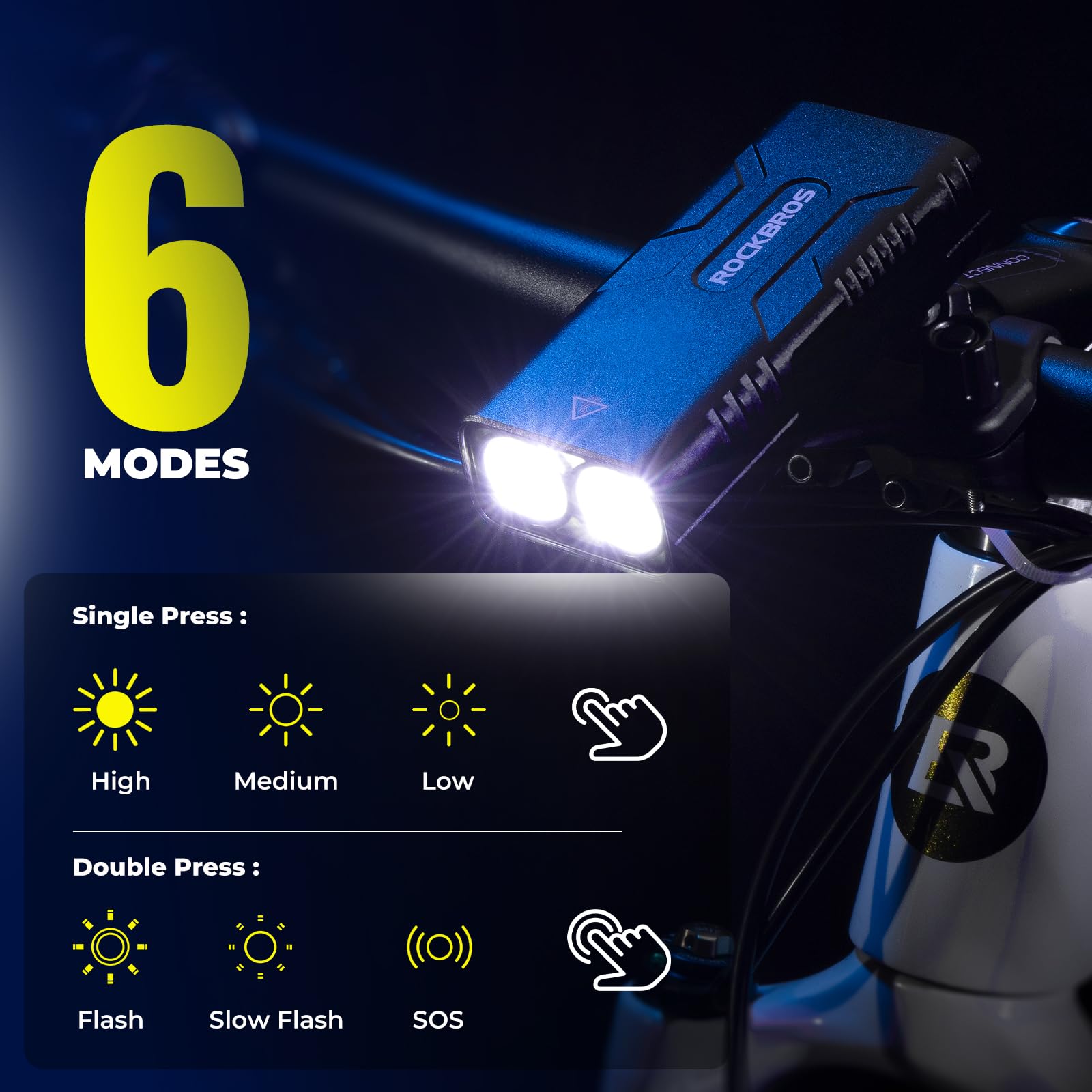ROCKBROS Éclairage Avant Vélo 850 Lumens - Autonomie 74h | Lampe LED Étanche IPX6 avec 6 Modes, Rechargeable Micro-USB, Batterie 10000mAh pour Route, VTT, Urbain