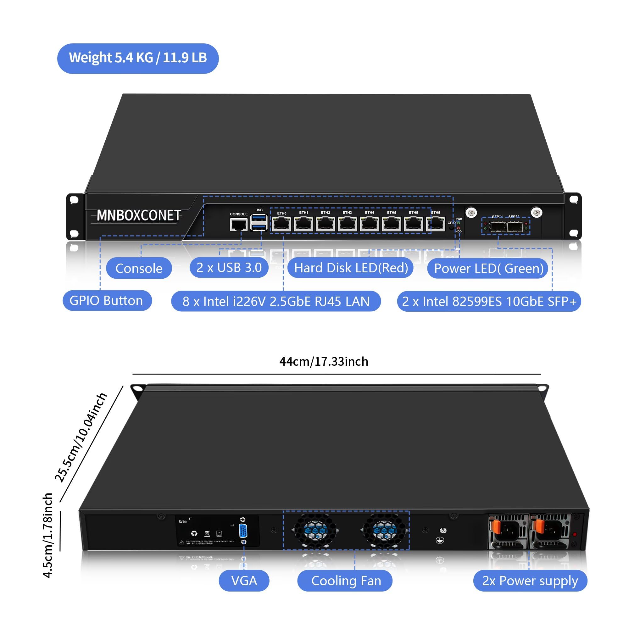 1U Firewall 19 inch 2x10GB SPF+ Appliance C236 Redundancy Power Supply Core i7 8700, 8 x 2.5 Gigabit Ethernet OPNsense, Network Hardware Server, 32GB RAM 512GB SSD, USB 3.0, Console