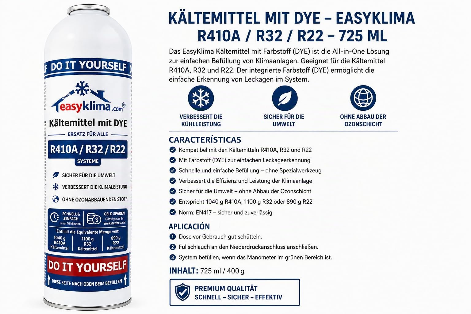 EasyKlima R410A R32 R22 400 g/725 ml Kit de recarga con manómetro y adaptador – Refrigerante con manguera de servicio para aire acondicionado split y bomba de calor