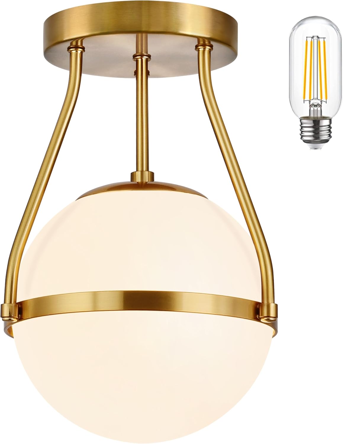 8 Inch Mid Century Ceiling Light Modern Semi Flush Mount Ceiling Light Fixture Globe Ceiling Light Fixture with Milk Glass Shade Brass Finish for Kitchen Island Hallway Living Room (Bulb Incl.) Gold 8 inch