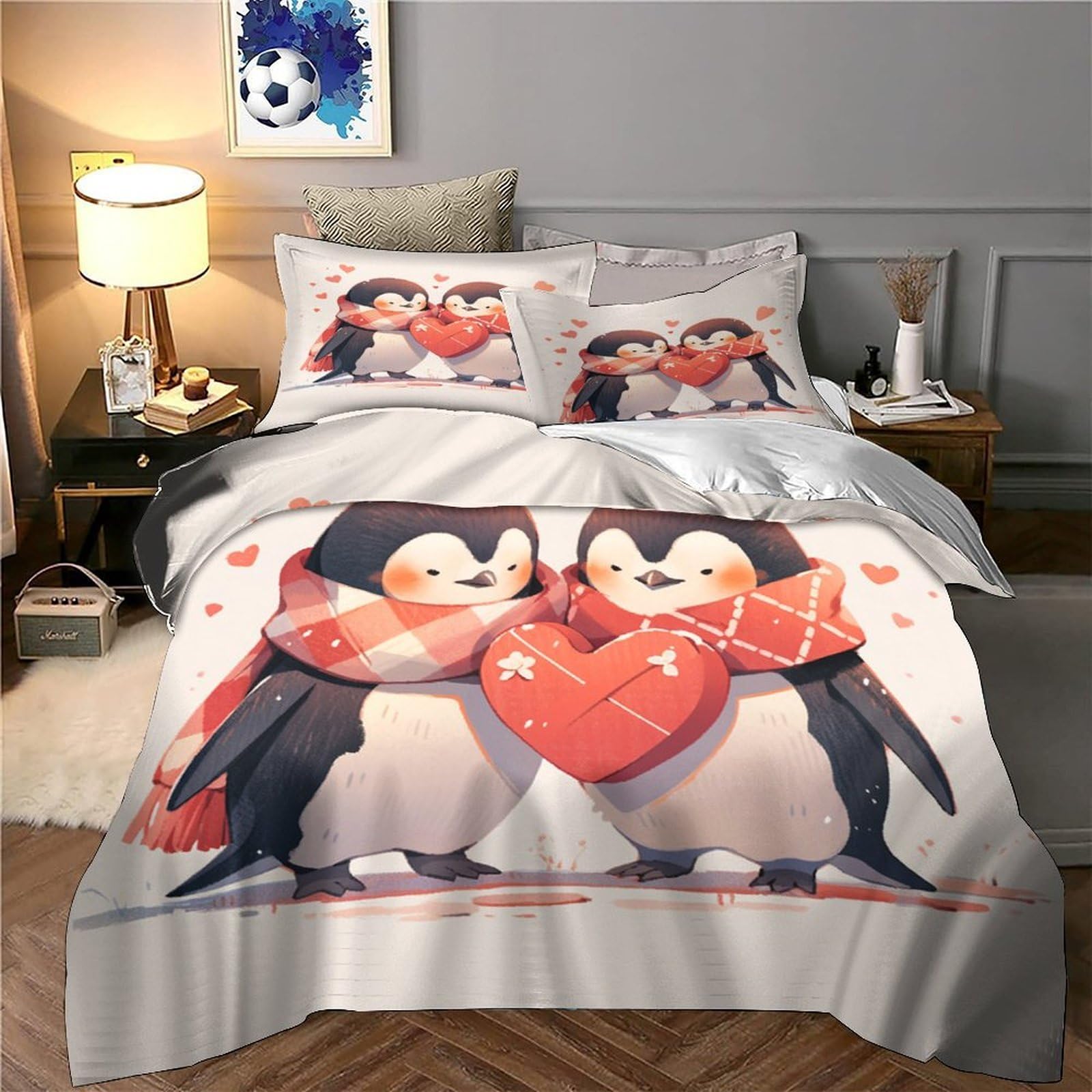 3D Gedruckt Niedliche Pinguin Pärchen Bettbezug Mikrofaser Sanft Schlafzimmerdeko Pinguin Bettwäsche Set für Zuhause Super King（260x220cm）