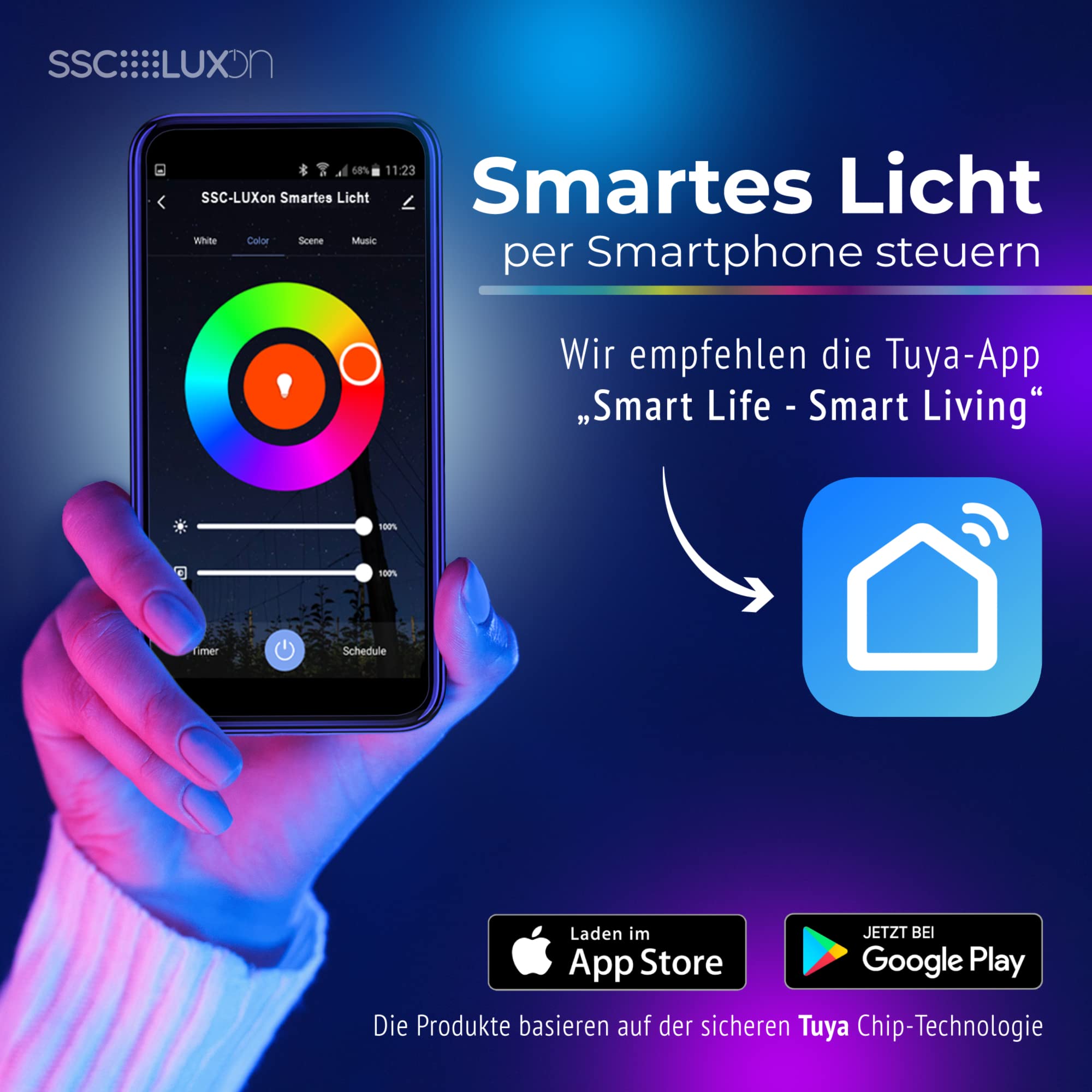 SSC-LUXon BEDA Einbaustrahler 6er Set schwarz IP65 Smart GU10 WLAN RGBW | Sechs flache Einbauspots schwarz IP65 - per App & Alexa steuerbar, RGB-Farblicht, für Bad, Küche & Außen, inkl. GU10 LED