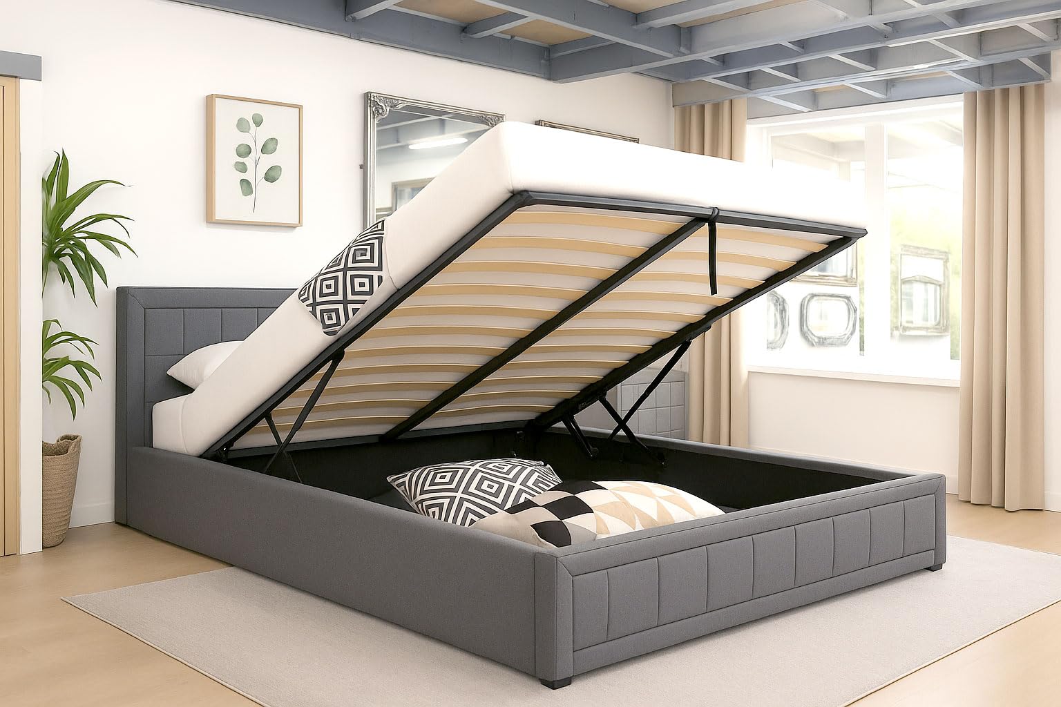 Modernique Grey Fabric Ottoman Storage Single 3ft Bed with Underneath Storage, Wooden Sprung Slatted Base (Single)
