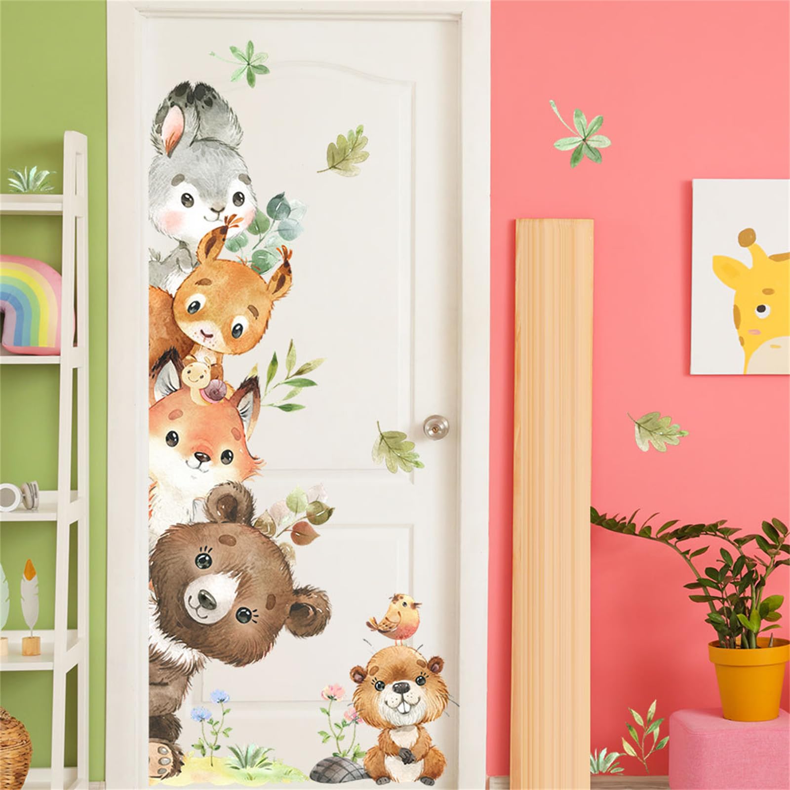 Forest Baby Animals Wall Decals Cute Safari Animals Door Stickers Bear Squirrel Rabbit Woodland Wall Stickers Kids Room Baby Nursery Bedroom Door Wall