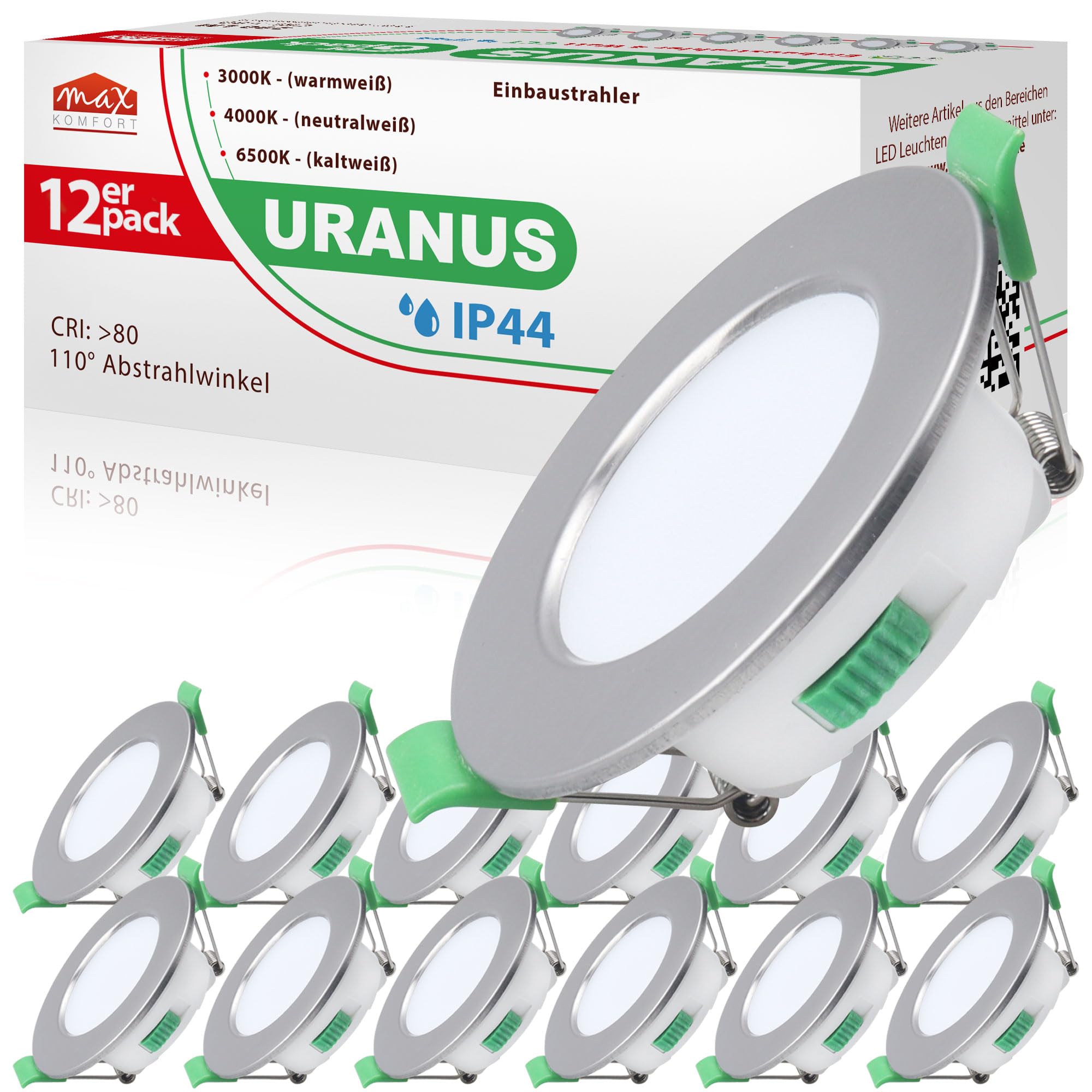 Maxkomfort LED Einbaustrahler flach 12x 4 Watt SET Bad URANUS | IP44 110° 290lm 68mm|Warmweiß Neutralweiß Kaltweiß | Feuchtraum, Edelstahl-Optik