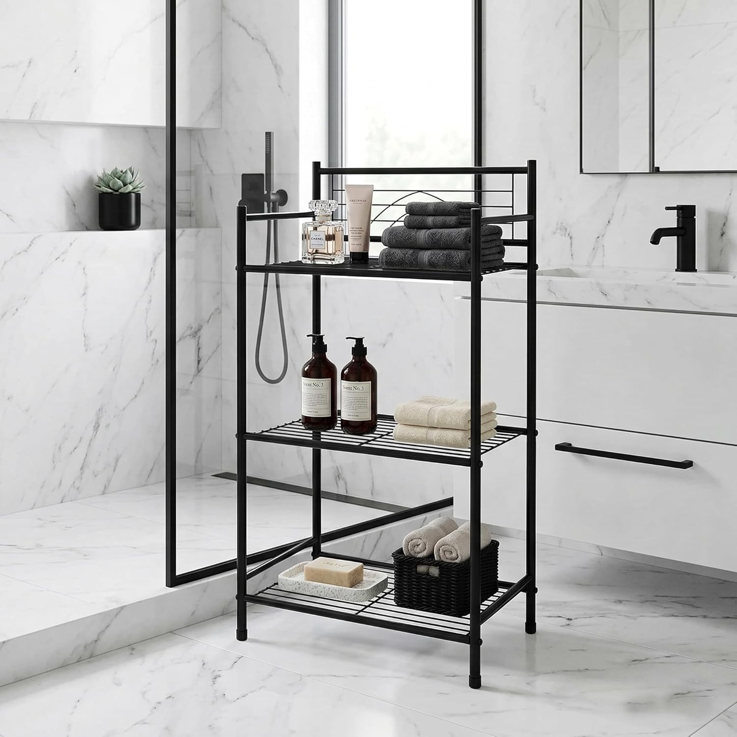 Bath Bliss 3 Tier Freestanding Bathroom Storage Shelf, Black Metal Organizer Rack | Rust Resistant Space Saving Bathroom Stand | Toilet Paper Towel Holder | Bathroom Organizer for Small Spaces