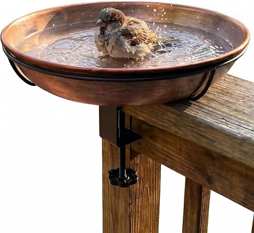 OUISJYER Deck Mounted Bird Bath for Outdoors, 12" Dia Metal Birdbath Bowl with Adjustable Clamp for Railing Balcony Fence, Removable Bird Bath for Outside, Outdoor Birdfeeder, 0.7 Gallon