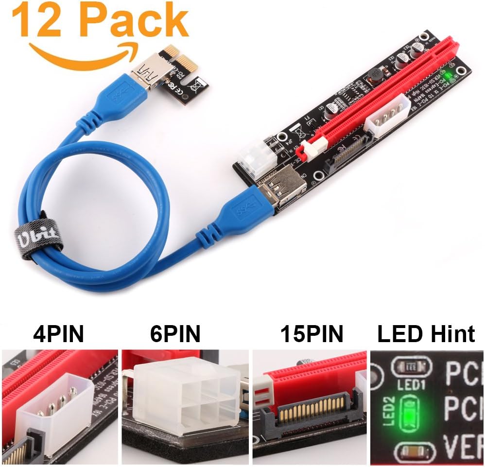 Ubit 12-Pack Multi-Interface (6pin/MOLEX/SATA) PCI-E Riser with Led Notice Function Express Cable 1X to 16X Graphics Extension Ethereum ETH Mining Powered Riser Adapter Card+60cm USB 3.0 Cable