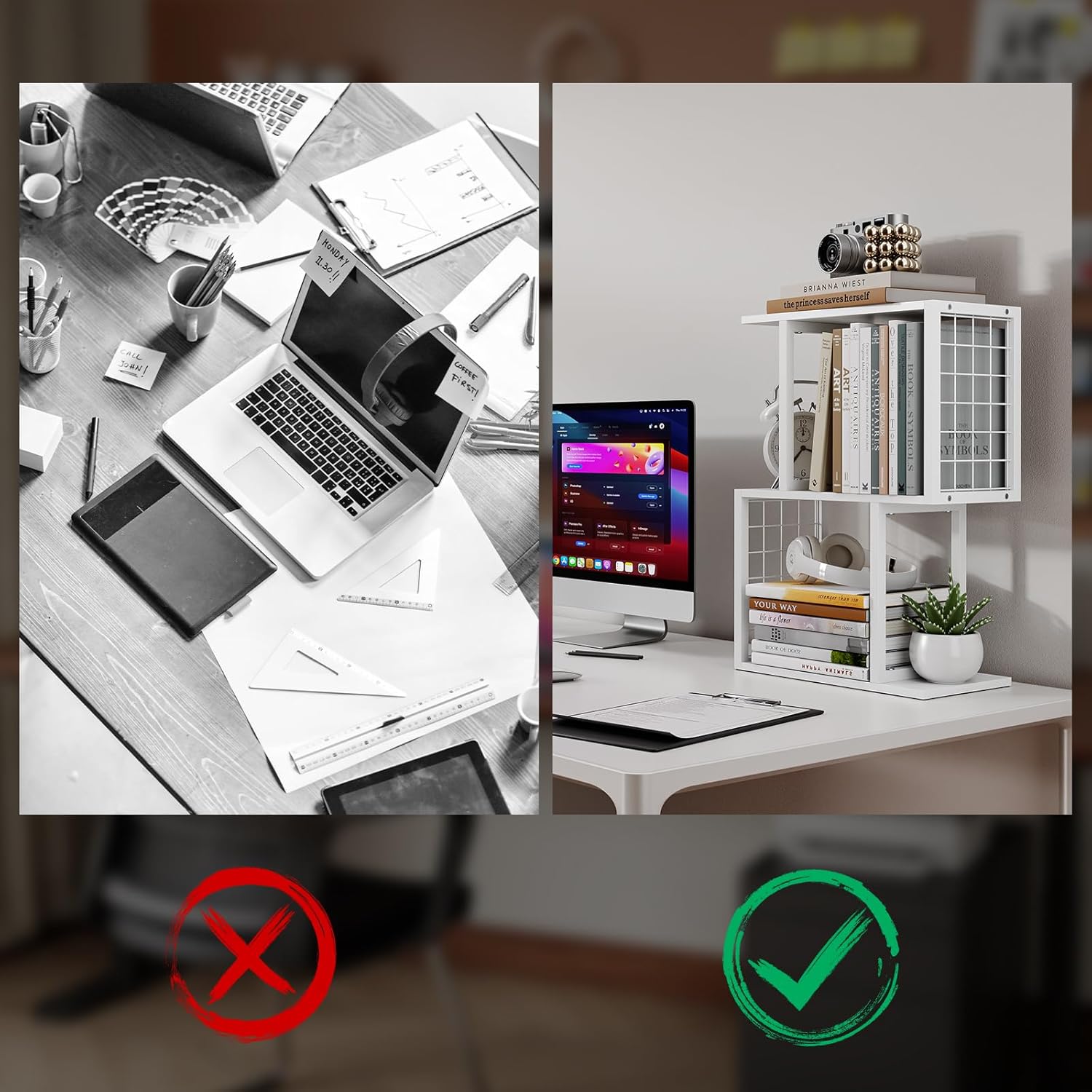 Desktop Bookshelf Organizer, White 3-Tier Desk Shelf with Metal Hook Workspace Organizers for Desk Organization and Office Storage Table Bookcase