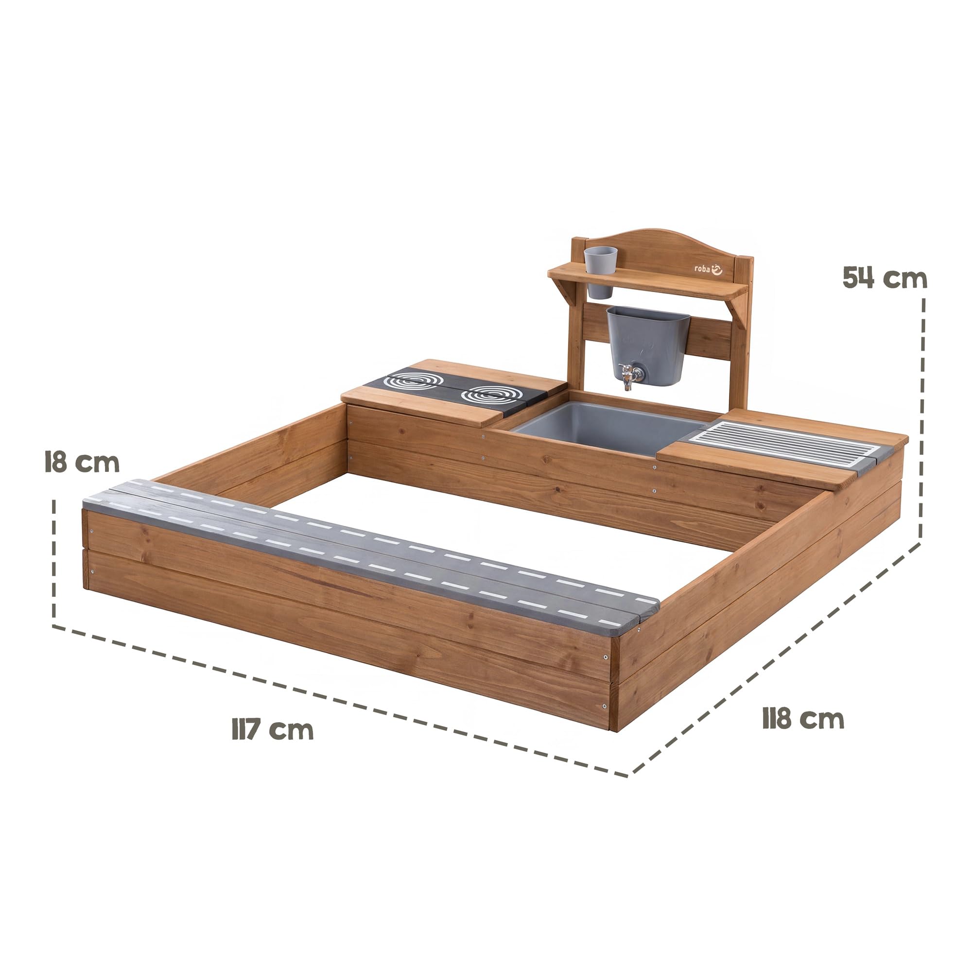 roba Sandkasten aus Holz mit Integrierter Matschküche - FSC®-Zertifiziertes Massivholz - Sandkiste für Kinder ab 12 Monaten - Teakfarben Lasiert