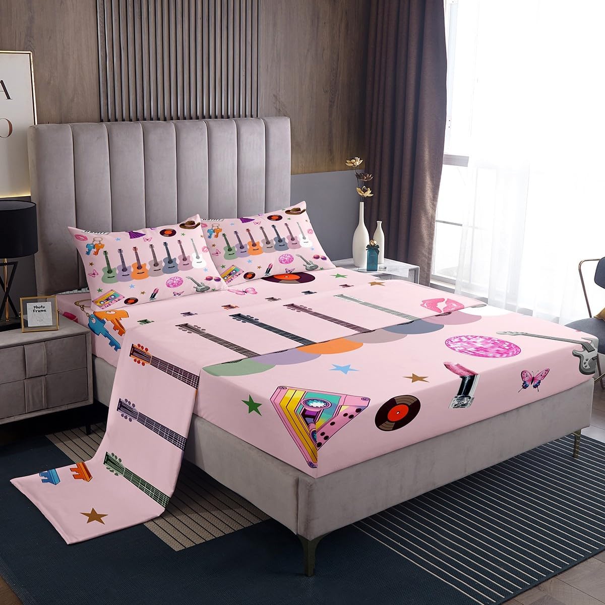 jejeloiu Girls Singer Bed Sheets Set Pink Music Guitar Bedding Set Full Size Glitter Fashion Women Bed Cover Room Decor Lightweight Bed Set with Deep Pocket Fitted Sheet with 2 Pillow Case