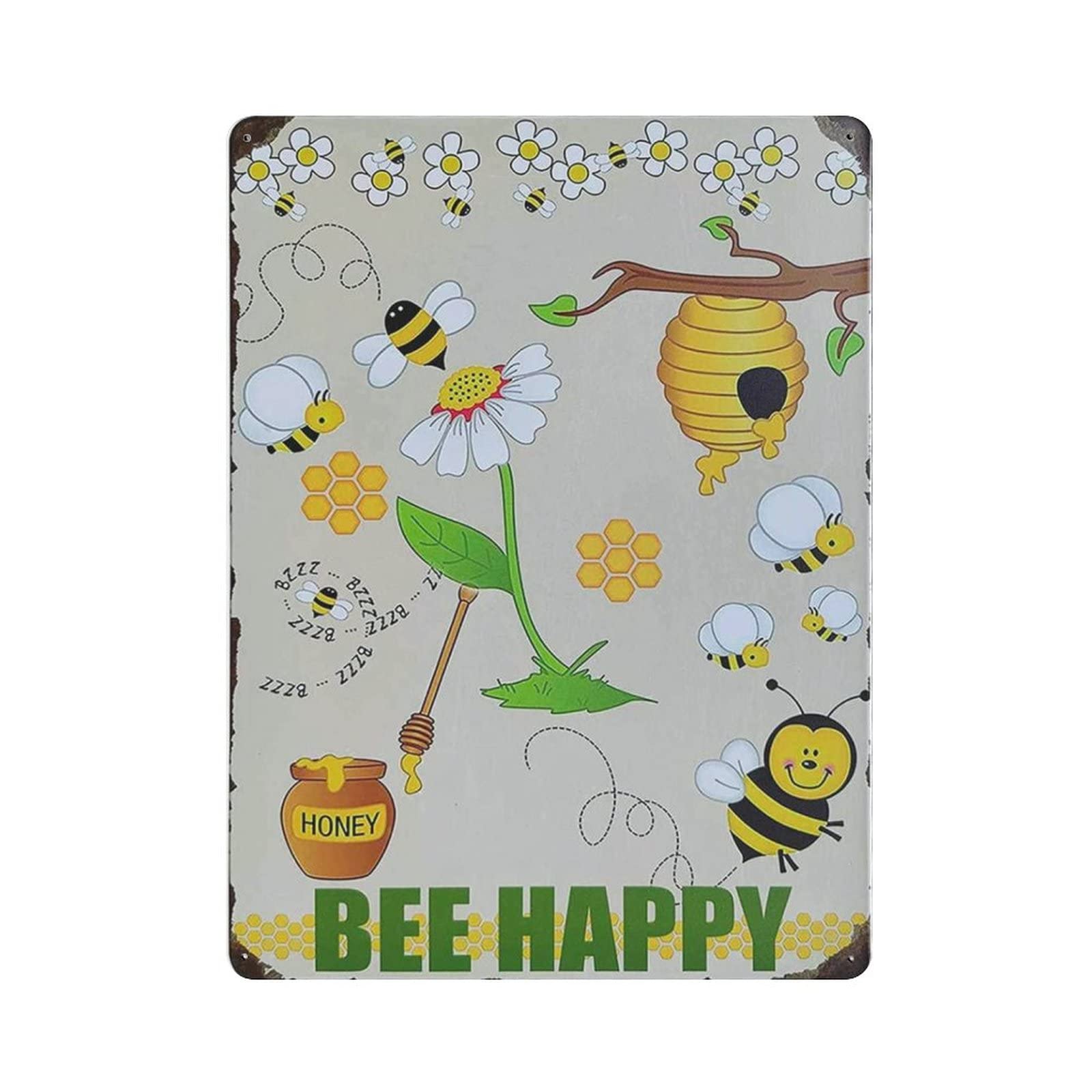 AOOEDM Novelty Bee Happy Vintage Metal Tin Sign for Home Coffee Shop Office Wall Art Metal Poster Garage Decor Man Cave Sign Inspirational Quote Wall Decor