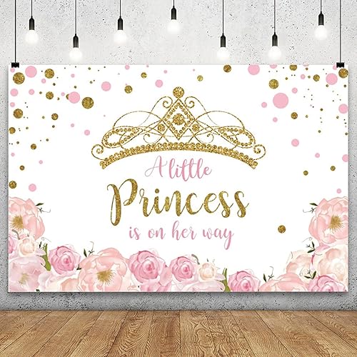 YongFoto Telón de fondo para baby shower con corona dorada de 7 x 5 pies para fotografía floral rosa con texto en inglés "A Little Princess is On