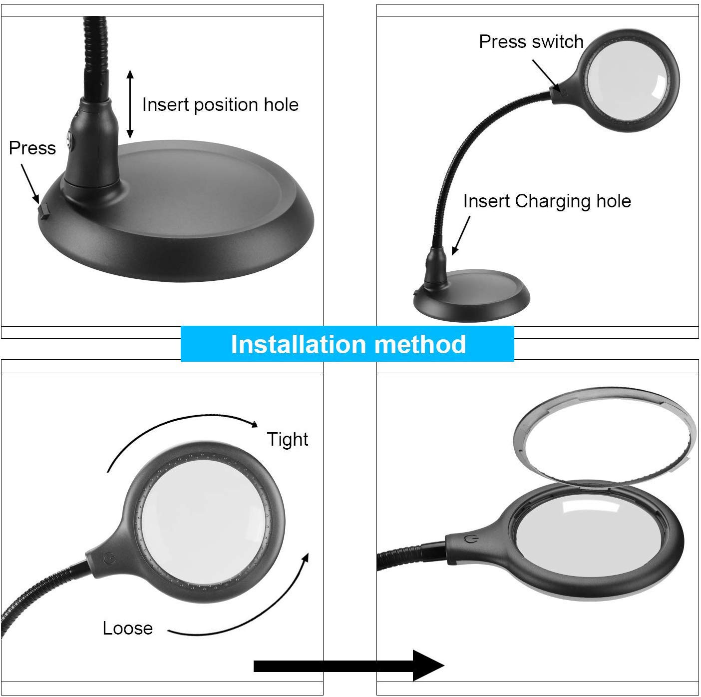 Loupe LED 5 X avec Clip et col Flexible, Lampe loupe alimentée par USB, Parfaite pour la Lecture, Les Loisirs, Les travaux manuels ou l'établi
