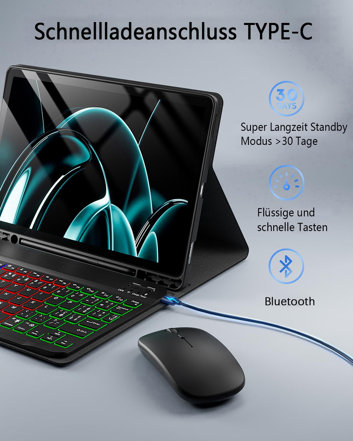 für Samsung Galaxy Tab A7 (2022/2020) 10.4 Zoll Hülle mit Kabelloses Bluetooth Beleuchtete Farbige Deutsch Tastatur (QWERTZ) und Maus, Backlit Keyboard Case