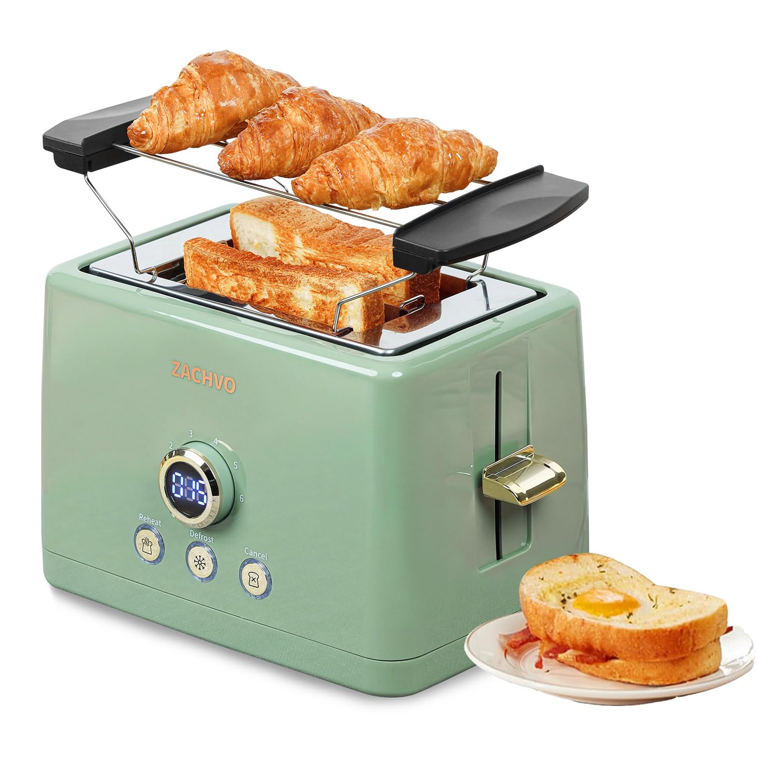 Toaster 2 Scheiben, ZACHVO Toaster mit Brötchenaufsatz, 6 Bräunungsstufe, 850W Herausnehmbare Krümelschublade, LED-Bildschirm, High Lift, Aufwärmen, Auftauen, Abbrechen Funktion