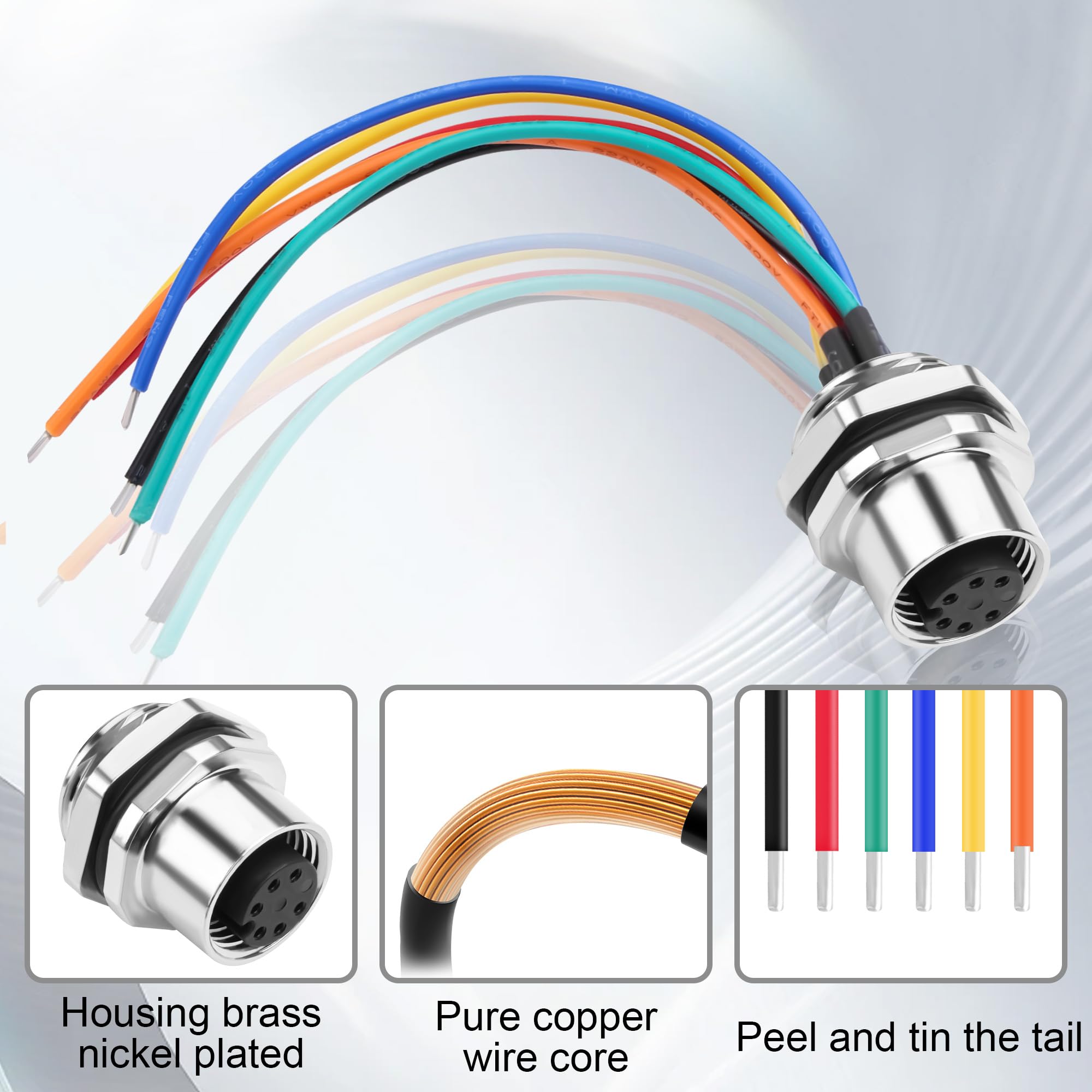 M12 6-poliger Buchsenstecker-Kabel, A-codiert IP67 wasserdichter Luftfahrt-Pin zu blankem Draht, 22AWG verzinnter Kupfersensor-Kabel für PCB-Platine 12CM/4,72 Zoll 2 Stück