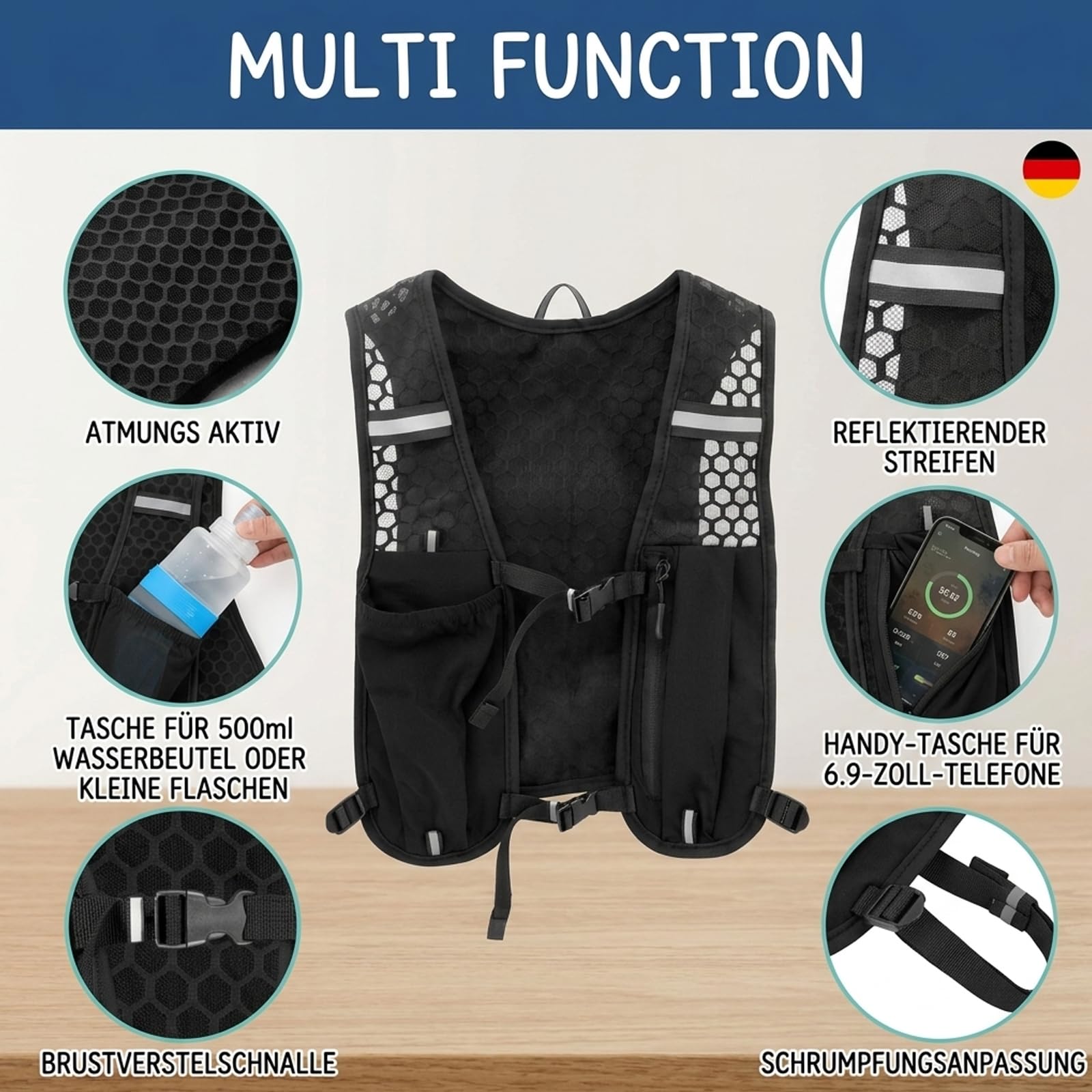Laufweste Damen & Herren, Jogging Weste, Running Vest für Outdoor Sport, Jogging Rucksack mit praktischem Stauraum, Atmungsaktives Design für Laufen und Radfahren