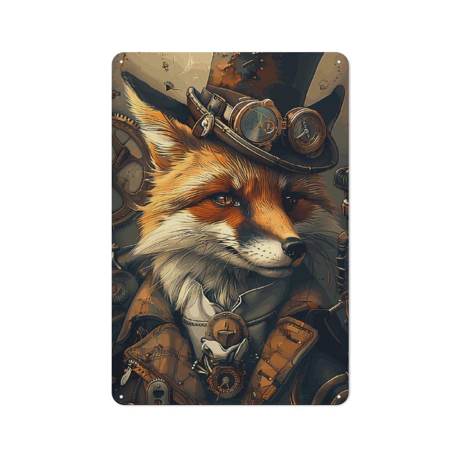 Junmoney Animal Steampunk Fox Vintage Printed Metal Sign 30X20cm For Bar Or Restaurant, For Restaurant Interior Fans