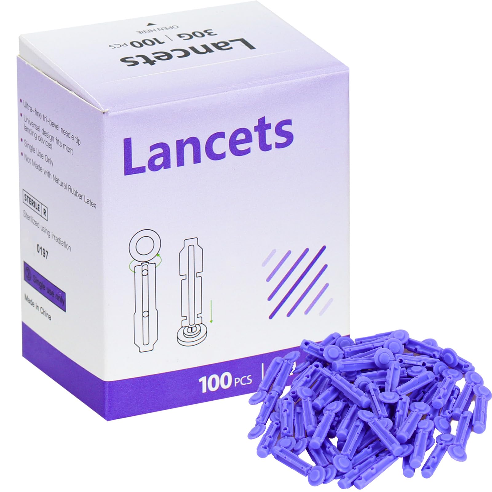 Lancets for Diabetes Testing, 30 Gauge Blood Sugar Lancets 100 Count Disposable Twist Top Lancets Sterile Diabetic Lancets for Glucose and Blood Testing, 5X2CM, Purple