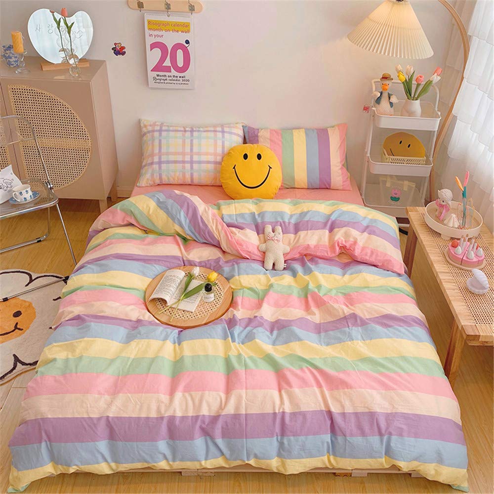 VM VOUGEMARKETRainbow Duvet Cover Set Twin,3 Pieces Colorful Stripes Duvet Cover with Zipper Closure,Premium Cotton Cute Lovely Lightweight Girls Bedding Set-Twin,Rainbow