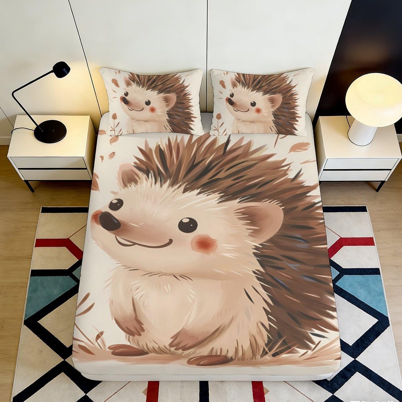 3D Printed Cute Hedgehog Fitted Sheet Microfiber Soft Anti-Slip Cartoon Animal Mattress Cover for Bedroom Dorm Decor 120x200cm 160x200x25cm