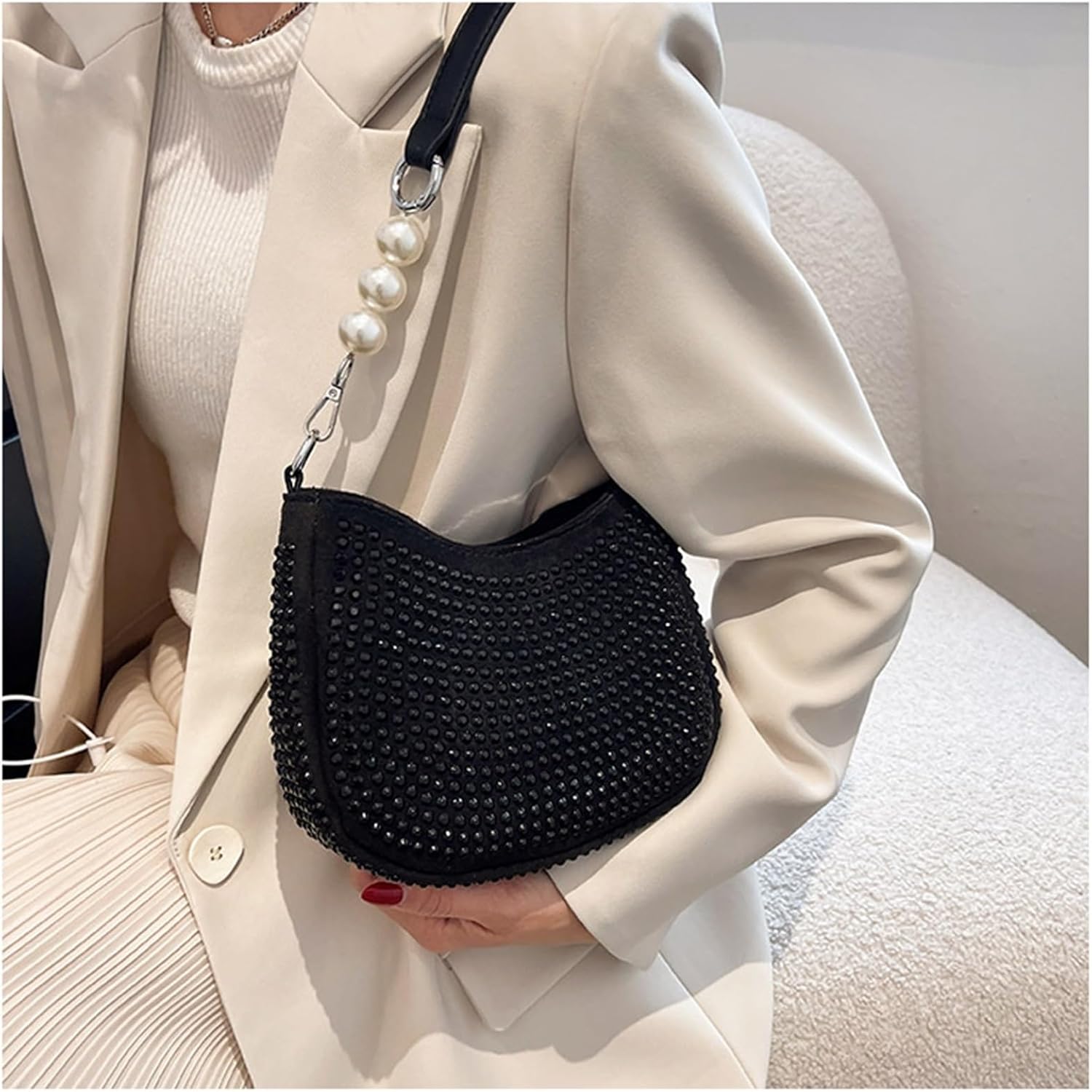 ブライトダイヤモンド レディースバッグ パールチェーン クロスボディバッグ ショルダー スモール スクエアバッグ, ブラック, On