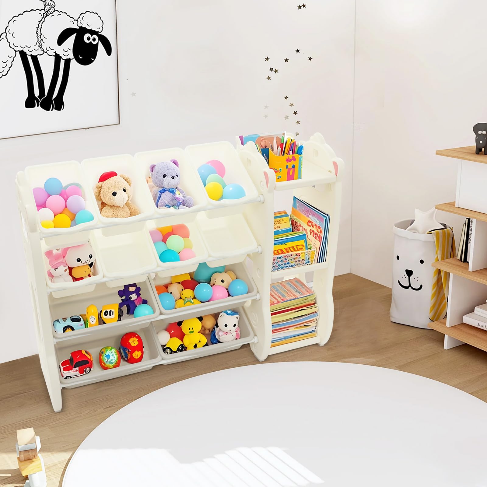 Scaffale per giocattoli per bambini con 12 vani portaoggetti, angoli arrotondati e imbottitura antiscivolo