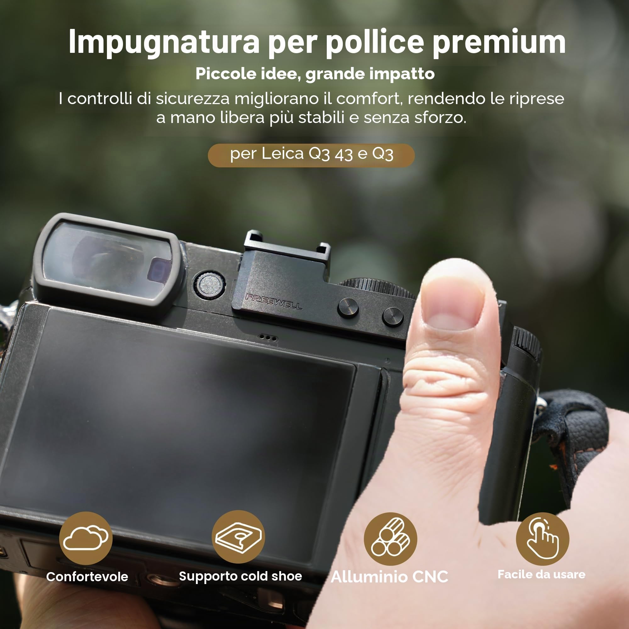Freewell Impugnatura per pollice per Leica Q3 e Q3 43 | con attacco a scarpa fredda, alluminio CNC, imbottitura in silicone antigraffio
