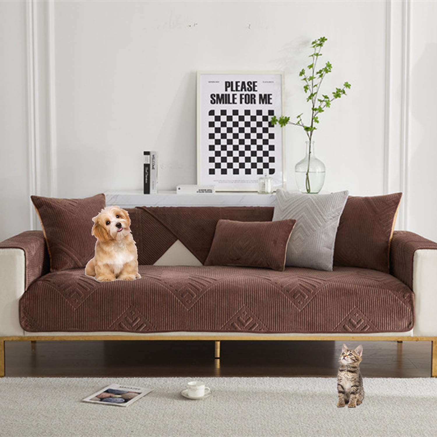 Housse de canapé modulaire élégante marron tissu extensible de qualité