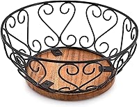 EDHAS Iron Fruit Bowl with Acacia Wood Base - Modern Kitchen Countertop Basket, 9x9x4 Inches