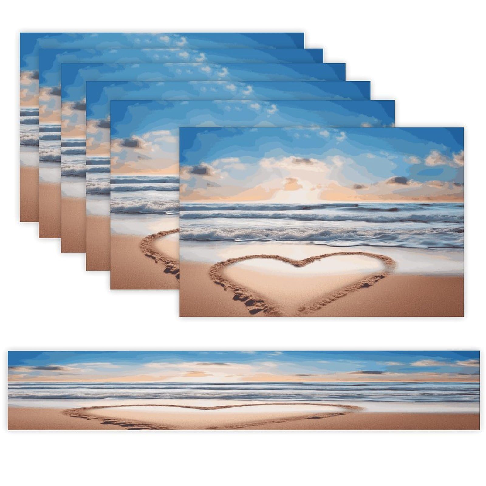 Heart Shape Romantic Beach Table Runner and Placemats Set of 6 for Kitchen Washable Table Mats Heat Resistant Place Mats Non-Slip Place Mat Wipeable Placemat(6 Placemats+1 Table Runner)