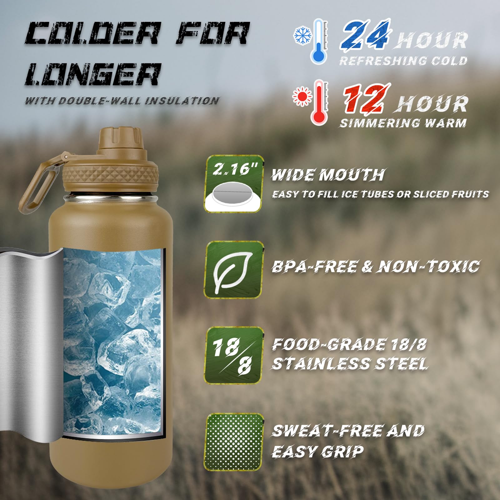 Isolierte Wasserflasche mit Hülle, taktischer Edelstahl-Metall-Wasserkrug, breite Öffnung, Fitnessstudio, Wasserflaschen für Herren, Sport, Workout, Wandern, mit Tasche, Khaki