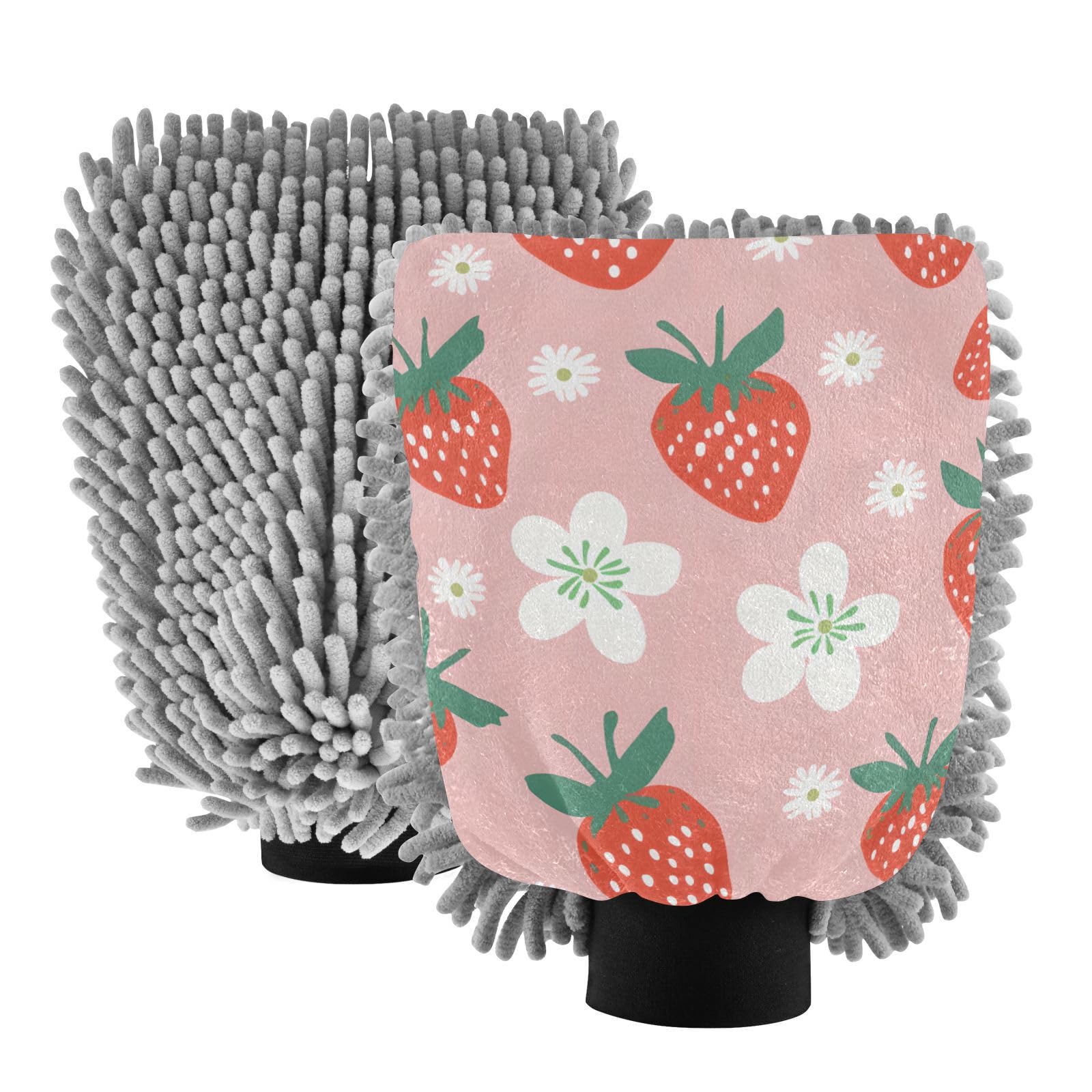 IOACIY Absorbent Microfiber Car Wash Drying Mitts, 2 Pack, Scratch-Free & Lint-Free, Rich Foam, Highly Absorbent, Double Sided, Wash Mitt Perfect for Car Washing, M, Cute Strawberry (5)