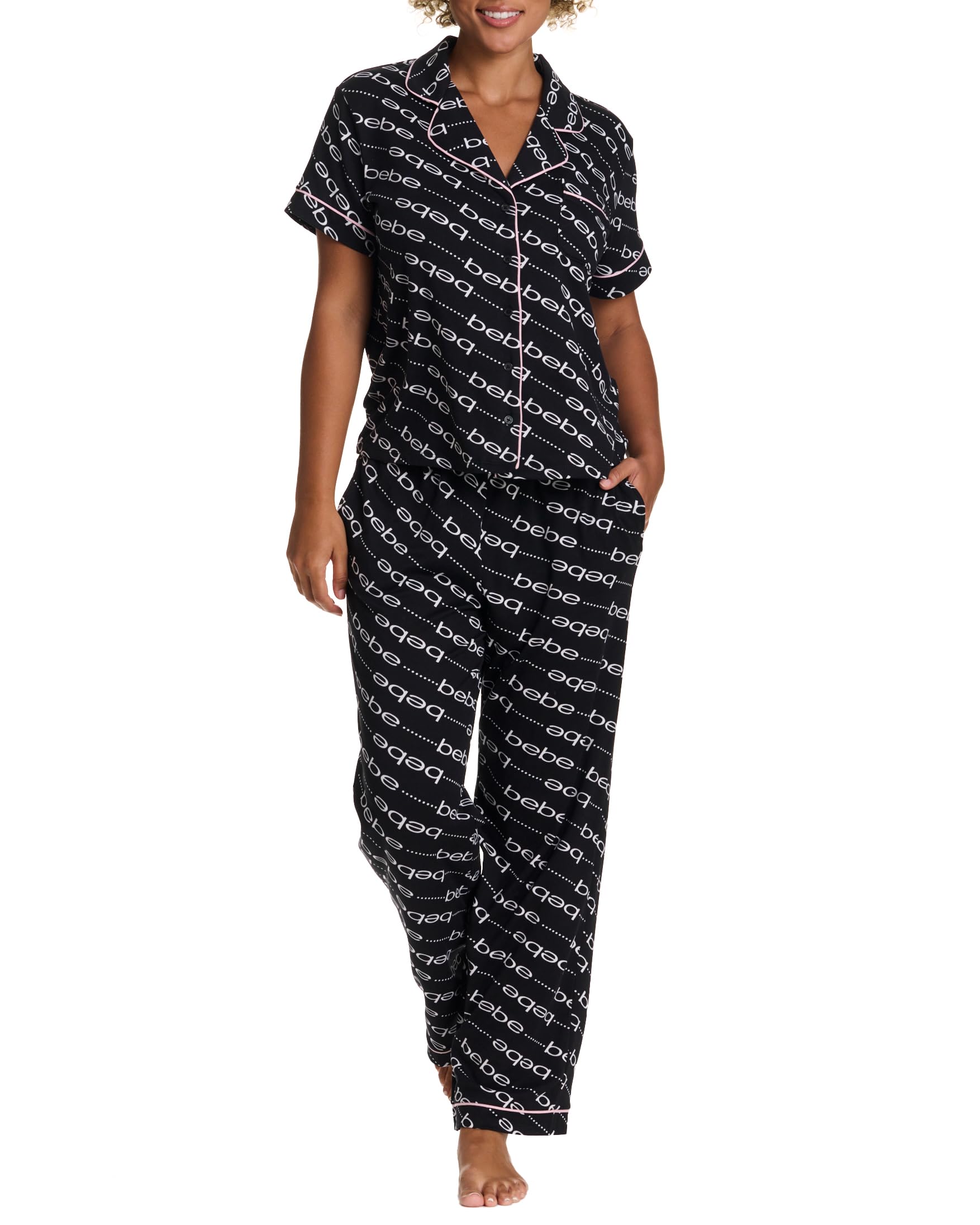 bebe Womens 2 Piece Bridesmaid Pajamas Set Short Sleeve Button Down Shirt and Pants