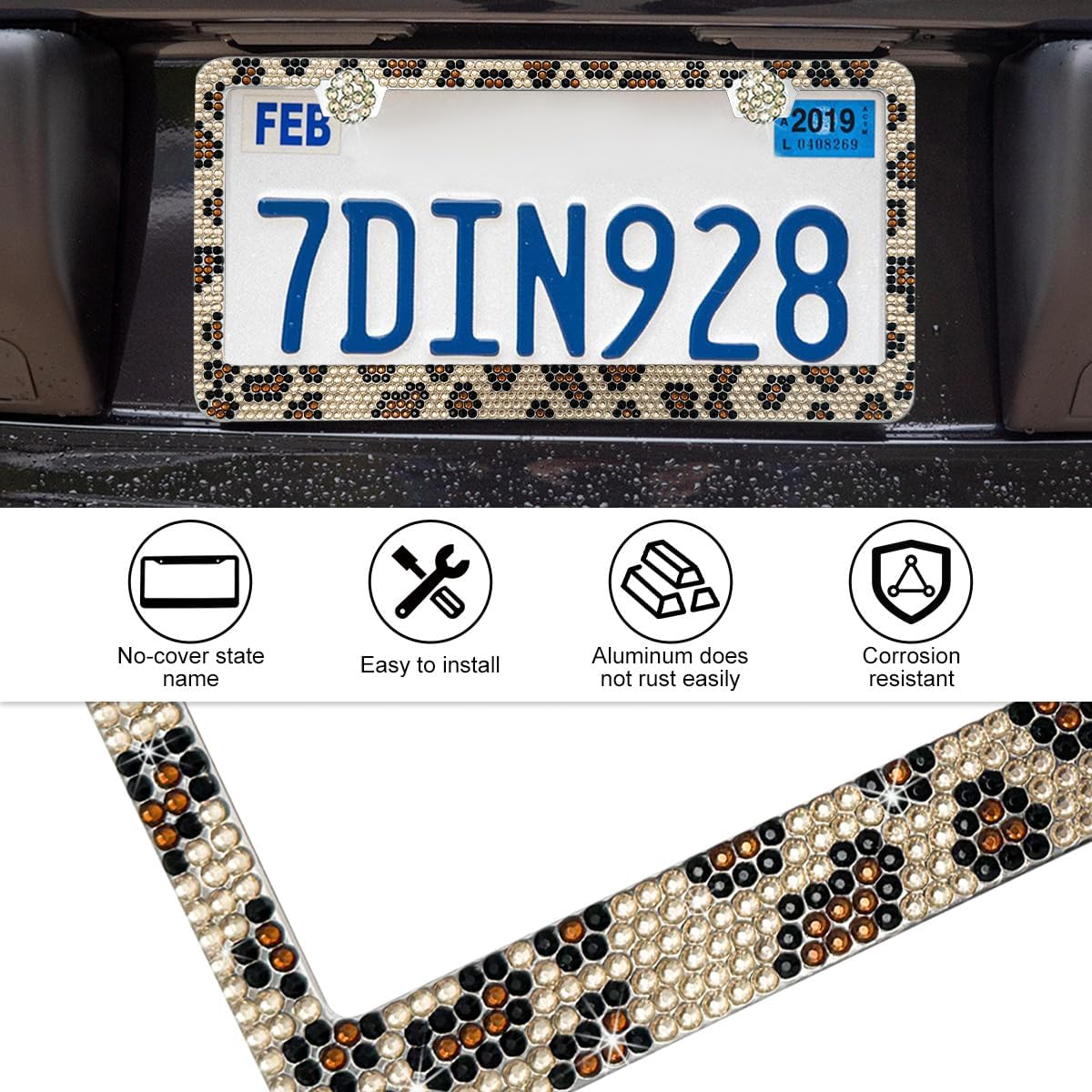 2 PCS Bling License Plate Frame, Stainless Steel Glitter Crystal Diamond License Plate Cover Holder, Sparkly Bedazzled Rhinestone Car Tag Covers for Women, Car Accessories (Leopard Print) image 3