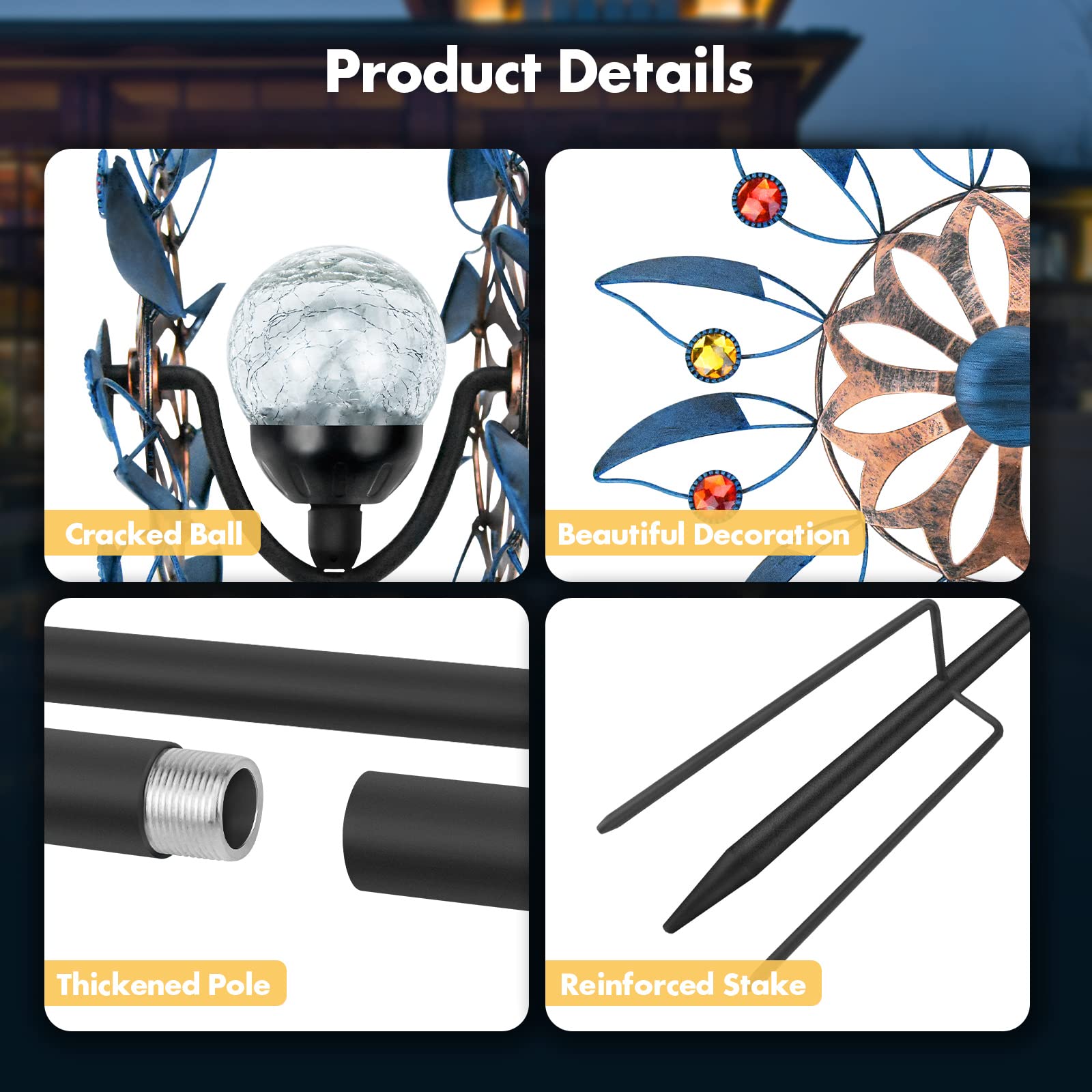 Solarbetriebene Windspinner-Skulptur aus Metall für Garten und Terrasse, Retro-Design